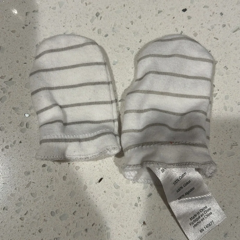 Three pairs of newborn mittens and one hat blue camo white stripes baby hospital